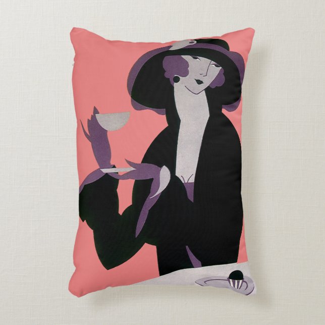 Vintage Art Deco Woman, Afternoon Tea and Cupcake Decorative Cushion (Front(Vertical))