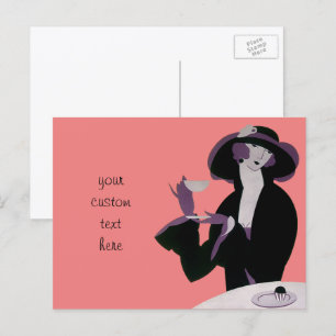 Vintage Art Deco Woman, Afternoon Tea and Cupcake Postcard