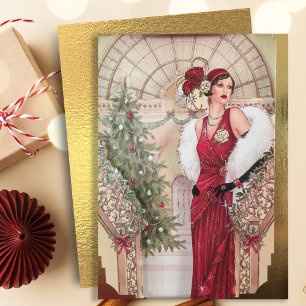 Vintage Art Deco Woman Christmas Holiday Card