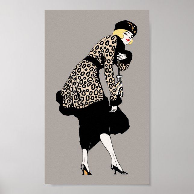 Vintage Art Deco Woman in Leopard Print Jacket (Front)