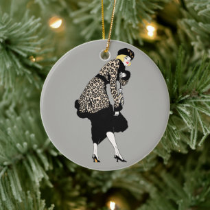 Vintage Art Deco Woman in Leopard Print Jacket Ceramic Ornament