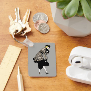 Vintage Art Deco Woman in Leopard Print Jacket Key Ring