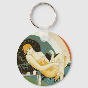 Vintage Art Deco Woman Reclining on Couch, Chompre Key Ring