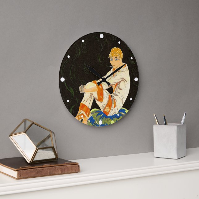 Vintage Art Deco Woman, Smoking by S. Chompre Large Clock (Office)