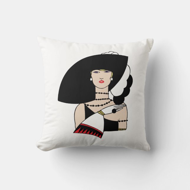 Vintage Art Deco Woman Wearing Hat Gloves Colour Cushion (Front)