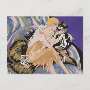 Vintage Art Deco Woman with Cat by S. Chompre Postcard