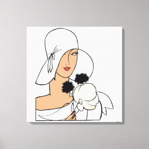 Vintage Art Deco Woman with Flowers Wearing Hat C Canvas Print
