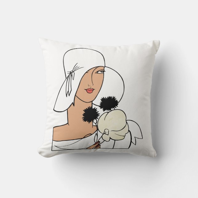 Vintage Art Deco Woman with Flowers Wearing Hat C Cushion (Front)