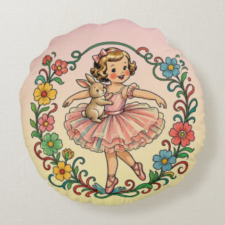 ~ Vintage Art Girl in Tutu with rabbit ~ Round Cushion