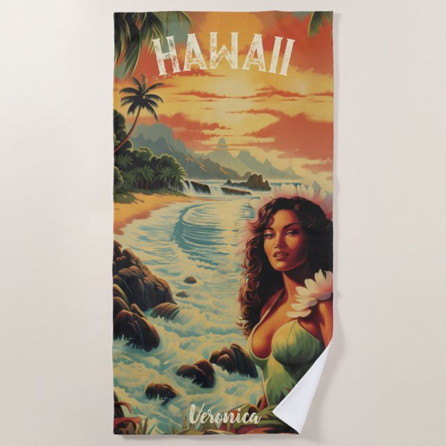 Vintage Art Hawaii Beach Hawaiian Girl Beach Towel (Front)