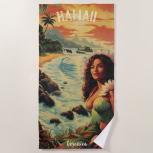 Vintage Art Hawaii Beach Hawaiian Girl Towel