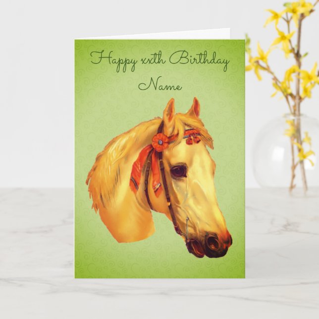 Vintage Art Horse Head Personalised Birthday  Card (Yellow Flower)