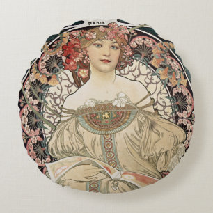 Vintage Art Nouveau Alphonse Mucha Art Painting Round Cushion
