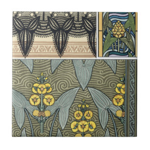 Vintage Art Nouveau Arrowhead Garden Flowers Tile