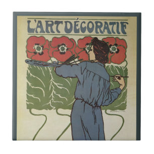 Vintage Art Nouveau, Artist Painting Poppy Flowers Ceramic Tile