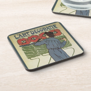 Vintage Art Nouveau, Artist Painting Poppy Flowers Coaster
