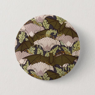 Vintage Art Nouveau Bat and Poppy Floral Pattern 6 Cm Round Badge
