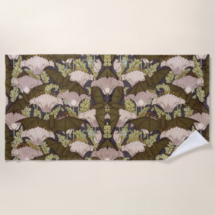 Vintage Art Nouveau Bat and Poppy Floral Pattern Beach Towel