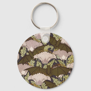 Vintage Art Nouveau Bat and Poppy Floral Pattern Key Ring
