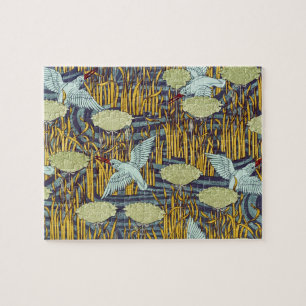 Vintage Art Nouveau Bird & Marsh Nature Pattern Jigsaw Puzzle
