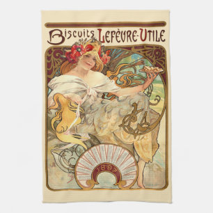 Vintage Art Nouveau Biscuits Ad by Alphonse Mucha Tea Towel