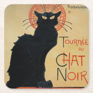 Vintage Art Nouveau Black Cat Square Paper Coaster