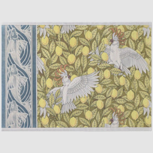 Vintage Art Nouveau Blue Fish, Cockatoo and Lemon Tissue Paper