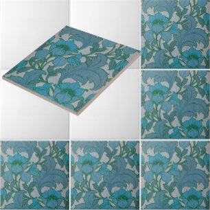Vintage Art Nouveau Blue Floral Pattern Ceramic Tile