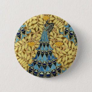 Vintage Art Nouveau Blue Peacock Floral Pattern 6 Cm Round Badge