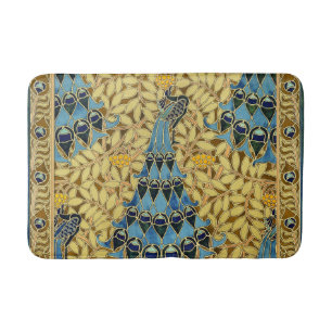 Vintage Art Nouveau Blue Peacock Floral Pattern Bath Mat