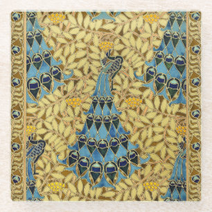 Vintage Art Nouveau Blue Peacock Floral Pattern Glass Coaster