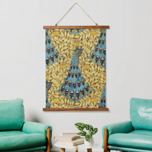Vintage Art Nouveau Blue Peacock Floral Pattern Hanging Tapestry