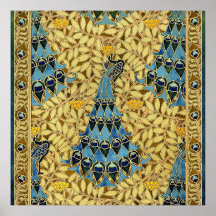 Vintage Art Nouveau Blue Peacock Floral Pattern Poster