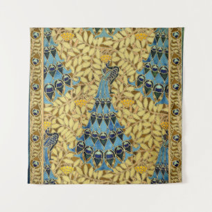 Vintage Art Nouveau Blue Peacock Floral Pattern Tapestry