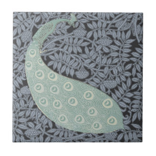 Vintage Art Nouveau Blue Peacock Print Verneuil Ceramic Tile