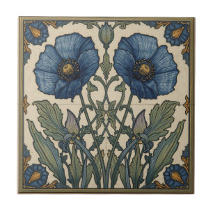 Vintage Art Nouveau  Blue Poppies  Floral  Ceramic Tile