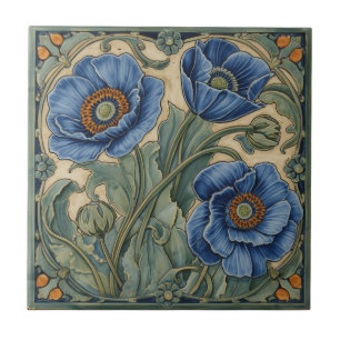 Vintage Art Nouveau  Blue Poppies  Floral  Ceramic Tile