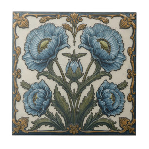 Vintage Art Nouveau  Blue Poppies  Floral  Ceramic Tile