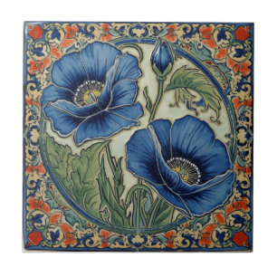 Vintage Art Nouveau  Blue Poppies  Floral  Ceramic Tile