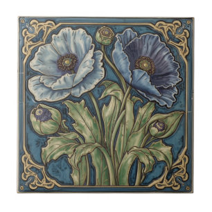 Vintage Art Nouveau  Blue Poppies  Floral  Ceramic Tile