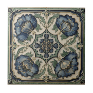Vintage Art Nouveau blue Poppies  Floral  Ceramic Tile
