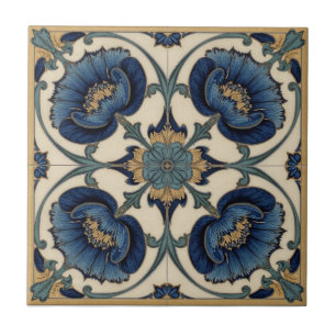 Vintage Art Nouveau  Blue Poppies  Floral  Ceramic Tile
