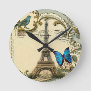 vintage art nouveau blue swirls paris eiffel tower round clock