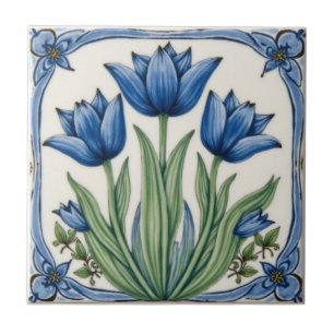 Vintage Art Nouveau Blue Tulips Floral  Ceramic Tile