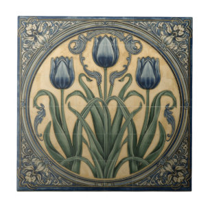 Vintage Art Nouveau Blue Tulips Floral  Ceramic Tile