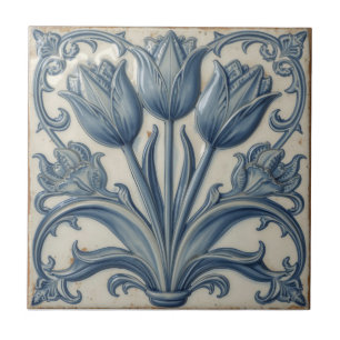 Vintage Art Nouveau Blue Tulips Floral  Ceramic Tile