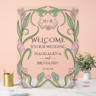 Vintage Art Nouveau Blush Pink Sage Floral Welcome Acrylic Sign