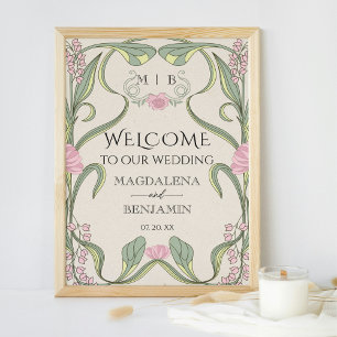 Vintage Art Nouveau Blush Pink Sage Floral Welcome Poster