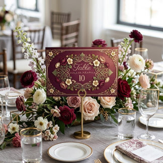 Vintage Art Nouveau Burgundy Wedding Soft Florals Table Number