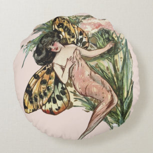 Vintage Art Nouveau Butterfly Fairy Round Cushion
